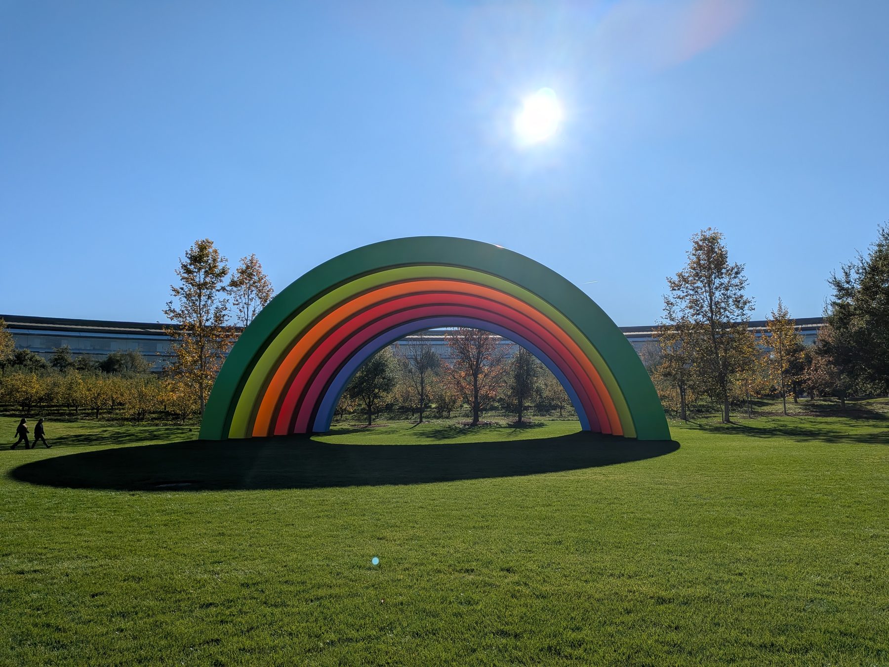 Rainbow sculpture on the lawn at Apple Park.