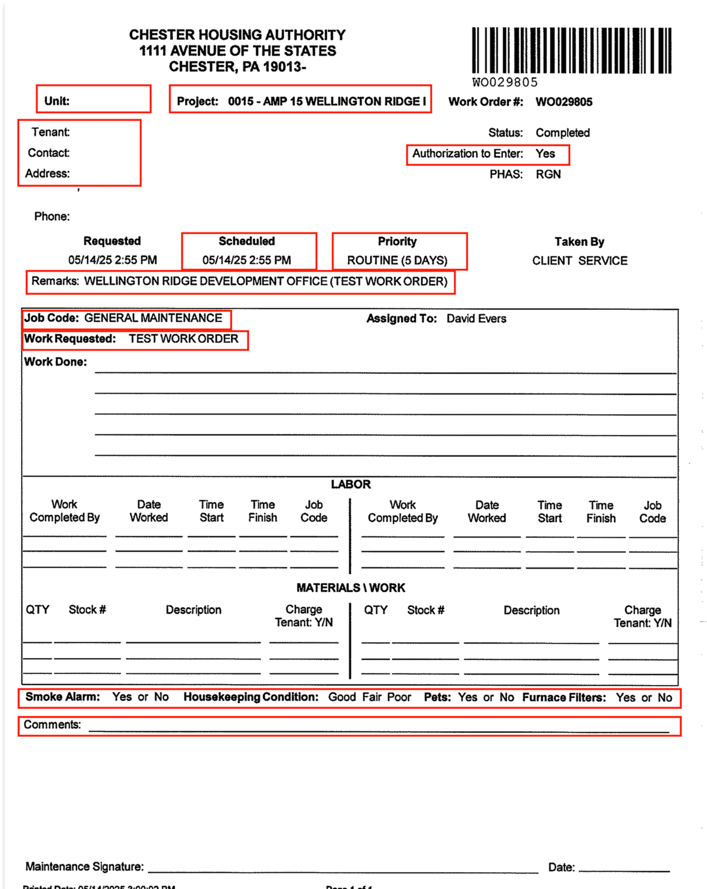 The original work order form with annotations marking the fields workers found ambiguous or redundant